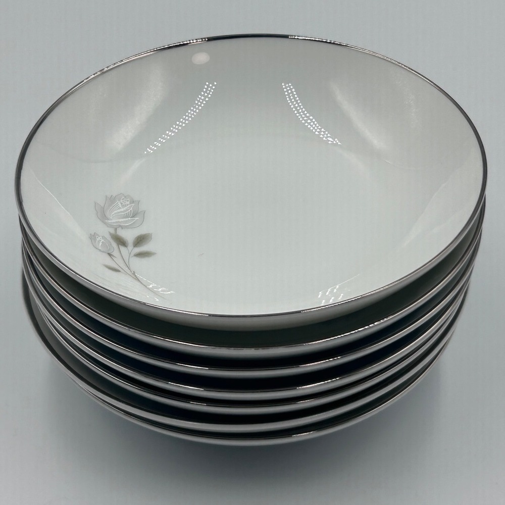 7 Noritake Altadena 6437 Fruit Dessert Bowls Japan Gray Rose Platinum Trim Set